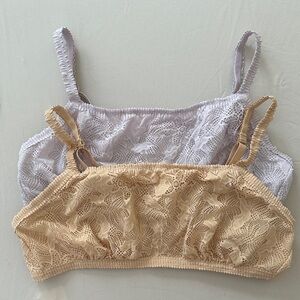 EUC AERIE Lace Bralette Duo in Lavender and Beige with gold back closure.